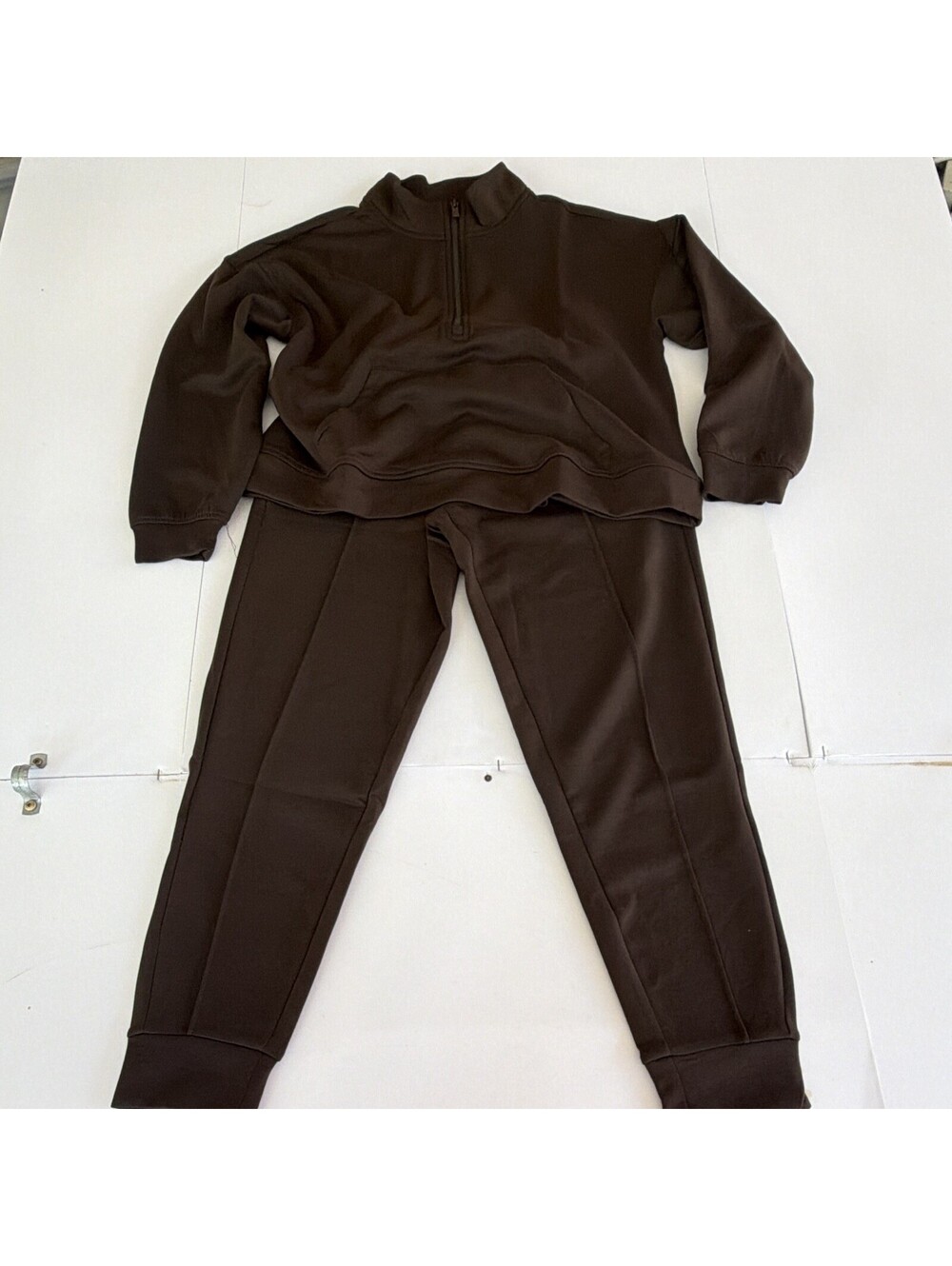 Women's Brown 2-Piece Half-Zip Mock Neck Sweatshirt Jogger Pants Set Pockets SM